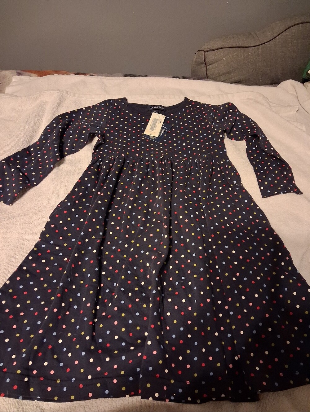 Lands' End Girls Navy Polka Dot Long-Sleeve Dress